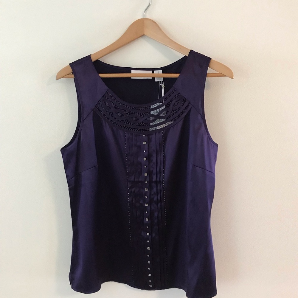 Chico’s NWT silky pleat shell in purple w diamond embellishments and lace neck